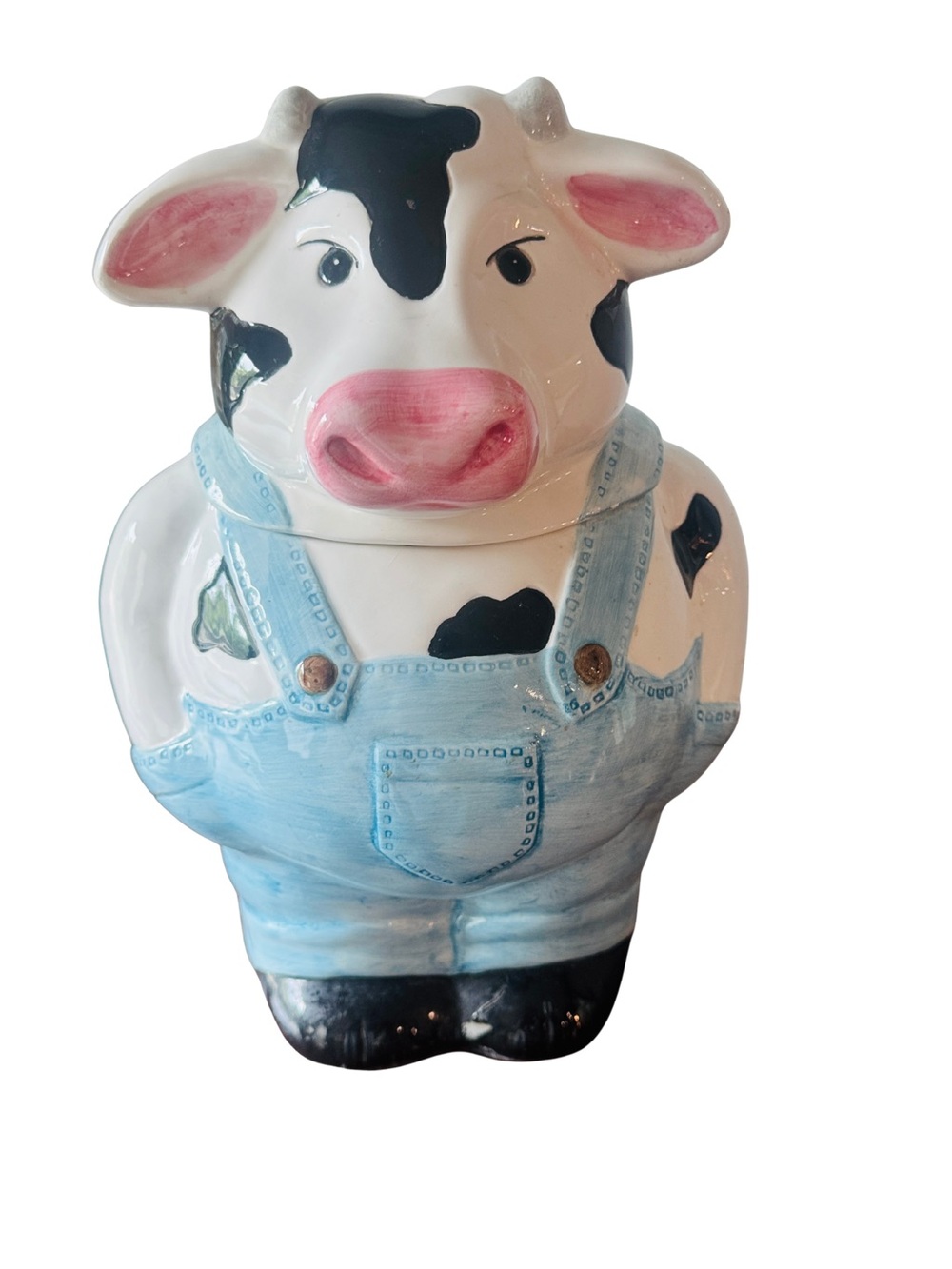 Vtg Ceramic Cow Cookie Jar in White, Black and Pink with Light Blue Overalls
